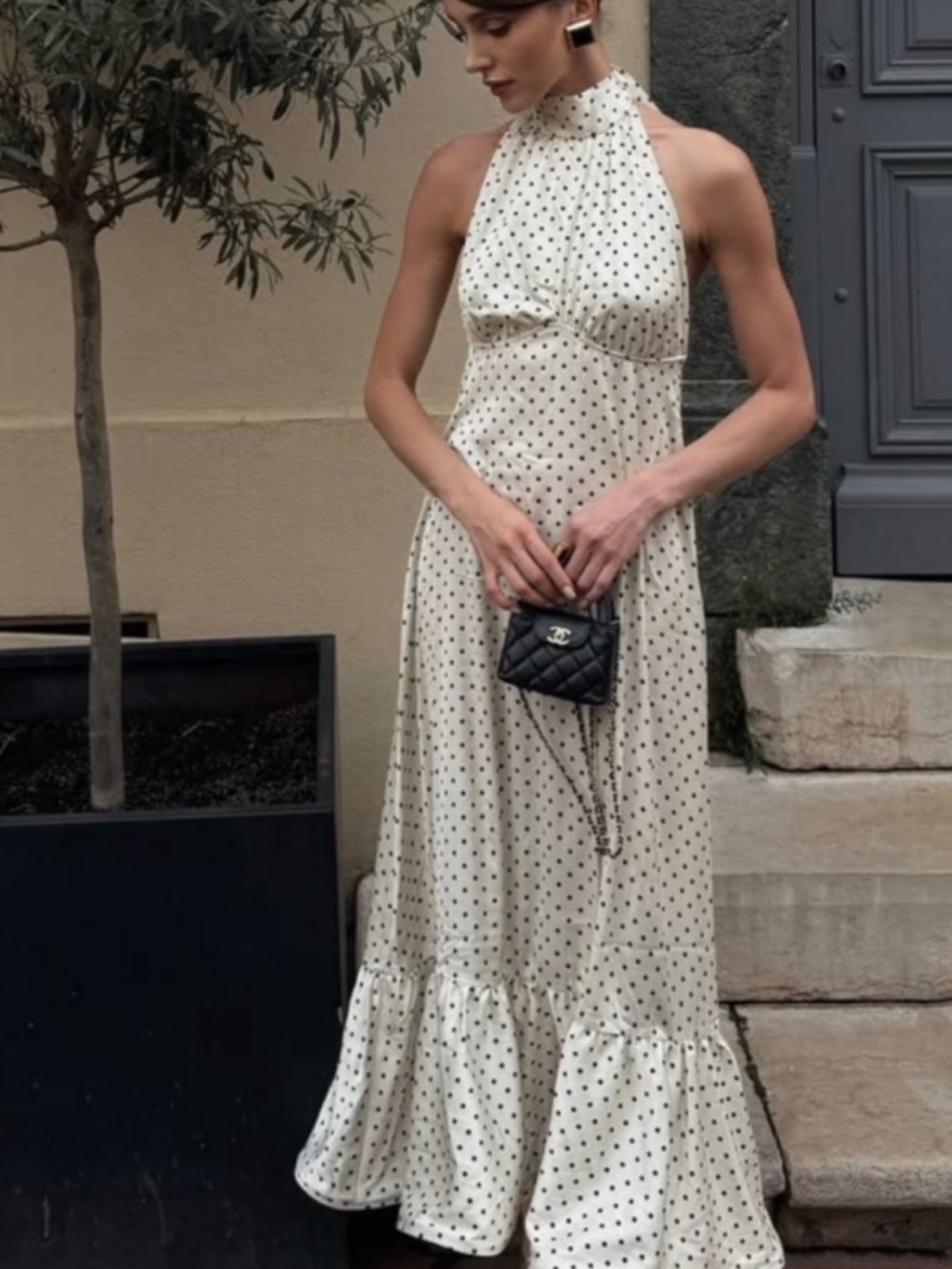 SAME LA Polka Dot Halter Maxi Dress in Ivory